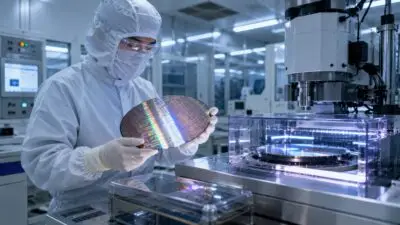 Semiconductor Engineer Holding Silicon Wafer in Cleanroom Facility. Concept of microchip, cleanroom suit. Copy space.