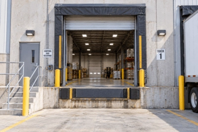 A half-open security gate at an industrial loading dock, representing deciding which web crawlers to allow.
